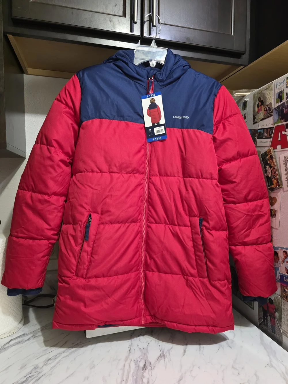 Lands' End Kids' Red & Navy Puffer Jacket with Hood Youth 14/16